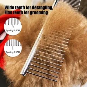 Stainless steel pet grooming comb with dual-density teeth for de-matting and brushing
