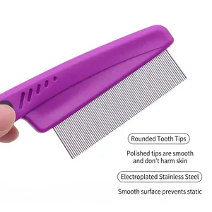 Professional purple pet flea comb with rounded stainless steel fine teeth for grooming