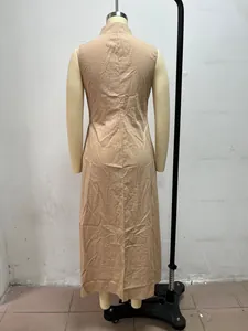 Detailed back view of a minimalist khaki stand collar sleeveless maxi dress for women