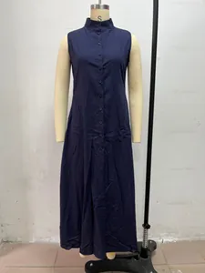 Front view of a navy blue sleeveless stand collar maxi dress on a mannequin.