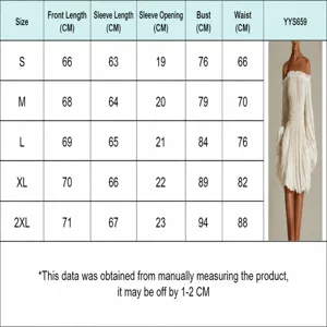 Detailed size guide for off-shoulder pleated waist slimming long sleeve white dress