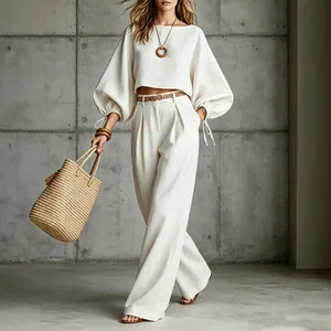 Women Solid Color Top And Bottom Puff Long Sleeve Crop Top And High Waist Wide Leg Pants Polyester Casual Lounge Outfit