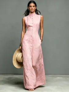 Elegant pink sleeveless maxi dress with a standing collar and front button details