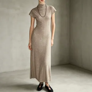 Women Vintage Elegant Mock Neck Maxi Dress Summer New Fashion Simple Short Sleeve Slim Fit Long Dress For Banquet Daily