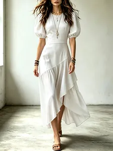 Damen Elegant Laternenärmel Asymmetrischer Saum Plissiert Midi Kleid Casual Lazy Hohe Taille Einfarbig Layered Rüschenkleid