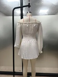 Back view of an elegant white off-the-shoulder pleated mini dress for women's fashion