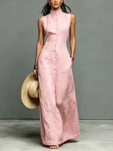 Elegant minimalist pink sleeveless stand-collar button-down maxi dress with a blended texture.