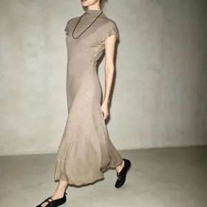 Minimalist mocha mock neck short sleeve maxi dress in a flattering slim-fit silhouette