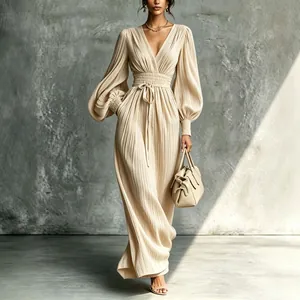 Women Deep V Neck Pleated Maxi Dress Long Lantern Sleeve Smocked Waist Solid Color Polyester Casual Flowy Long Gown Dress