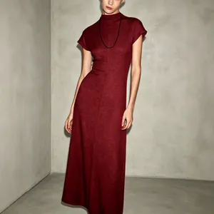 Elegant burgundy mock neck maxi dress with retro minimalist style for summer fashion