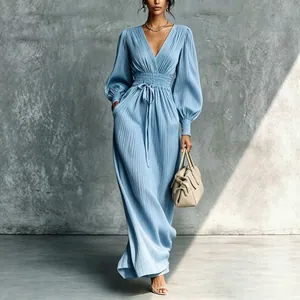 Full view of elegant sky blue pleated maxi dress with V-neck and lantern sleeves