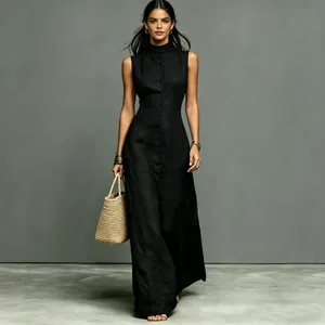 Elegant black sleeveless maxi dress with stand collar and front buttons detail.