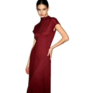 Elegant burgundy mock neck long dress for women minimalist retro summer fashion style