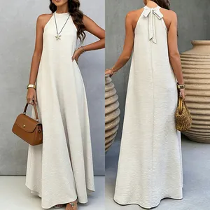 Robe Longue à Dos Nu pour Femme Été Soie de Glace Froissée Sans Manches Dos Nu Nœud Large Robe de Plage Vacances