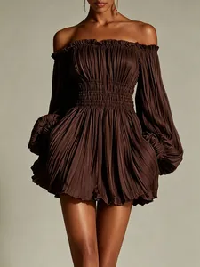 Detailed view of chocolate brown off-the-shoulder pleated mini dress