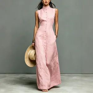 Elegant pink sleeveless maxi dress with stand collar and functional button-down front