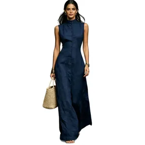 Minimalist navy blue sleeveless mock neck button-down maxi dress for women