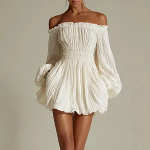 Women Elegant Off Shoulder Pleated Mini Dress Sexy Smocked Waist Solid Color Long Puff Sleeve Ruffle Hem Fashion Party Dress