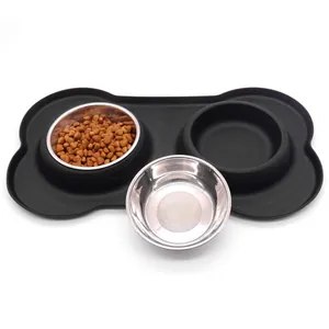 Double stainless steel pet bowls with bone-shaped non-slip silicone mat for dogs