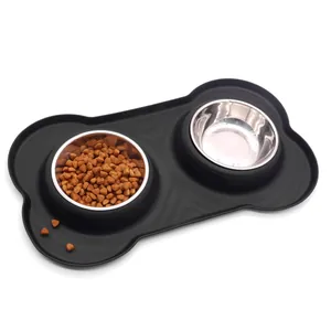 Stainless steel double pet bowl set with anti-spill bone-shaped silicone mat