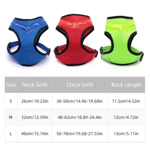 LED glowing dog harness with breathable mesh in three colors and size chart guide