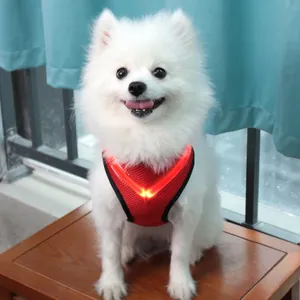 Breathable red LED glowing pet dog harness anti-escape for night safety walking