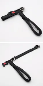 Collier et laisse pour chien en nylon noir avec coutures réfléchissantes et anneaux métalliques.