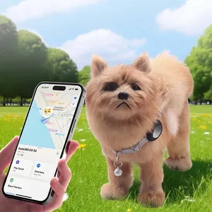 Adjustable pet tracking collar with AirTag holder and bell shown on a dog outdoors