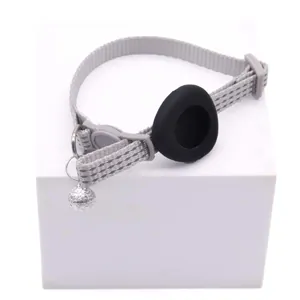 Adjustable grey pet tracking collar with bell and black silicone holder for Airtag