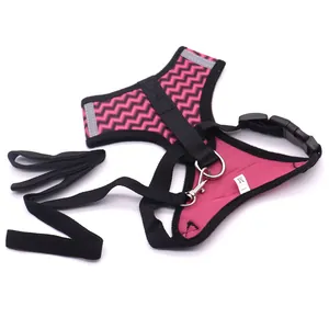 Pink zigzag pattern vest-style dog harness and leash set for small dogs and cats