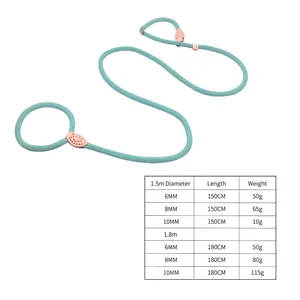 Cyan nylon dog slip lead P-rope with leather joints and size chart for large dogs