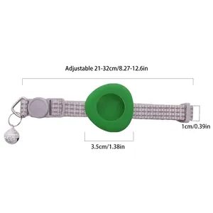 Adjustable pet collar with bell and integrated tracker holder shown with dimensions