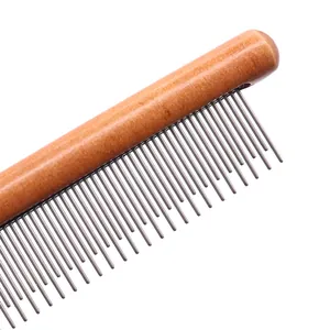 Professional pet grooming comb with wooden handle and dual-length stainless steel teeth for cats