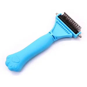 Blue double-sided pet dematting brush for dogs and cats grooming.