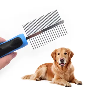 Professioneller doppelseitiger Metall-Tierkamm für Hunde und Katzen mit blauem ergonomischem Griff