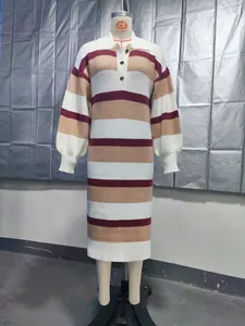 Full view detail of a striped knit polo midi dress with color block design and puff sleeves.