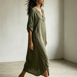 Relaxed fit olive green washed linen maxi dress with V-neck and roll-up sleeves