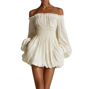Elegant white off-the-shoulder pleated mini dress with long puffed lantern sleeves