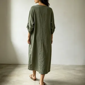 Back view of loose olive green maxi dress featuring washed fabric and cuffed sleeves