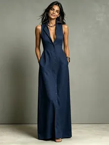 Elegante abito lungo senza maniche blu navy con bottoni per il tempo libero estivo