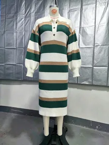 Frontal view of a long-sleeved striped knit midi dress featuring a polo collar design