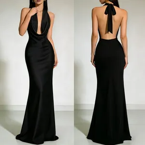 Elegant black satin halter neck evening gown with deep V-neck and backless design