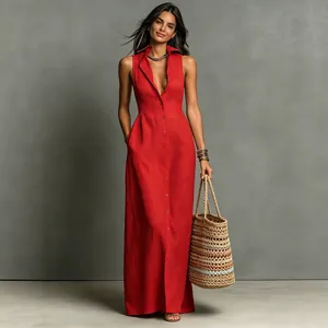 Vestito Lungo Casual da Donna Senza Maniche con Rever Estate Tinta Unita Monopetto Bottoni Abito Camicia Lungo con Tasche Poliestere Linea A