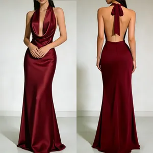 Front and back detail view of a burgundy satin halter neck backless evening maxi dress.