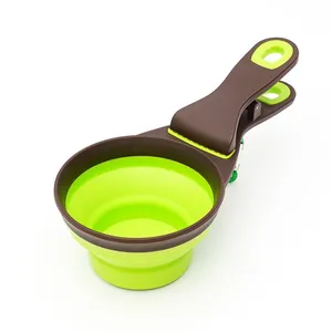 Foldable Silicone Pet Food Scoop With Bag Clip Measuring Cup Portable Long Handle Spoon For Dog Cat Food Sealing Storage