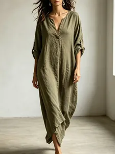 Women V-Neck Washed Maxi Dress Adjustable 3/4 Sleeve Loose Robe Vacation Style Solid Color Polyester Blend Bohemian Dress