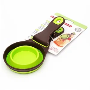 3-in-1 foldable silicone pet food measuring scoop with bag clip in green and brown color