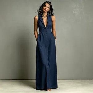 Elegante abito lungo senza maniche blu scuro con colletto a revers e bottoni per donna.