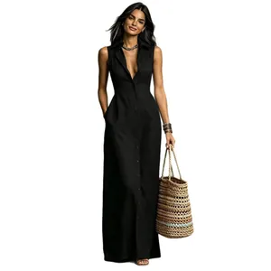 Elegante abito lungo nero senza maniche con colletto a rever per l'estate, casual.