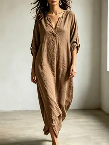 Elegant washed V-neck maxi robe dress featuring roll-up 3/4 sleeves and a loose boho silhouette